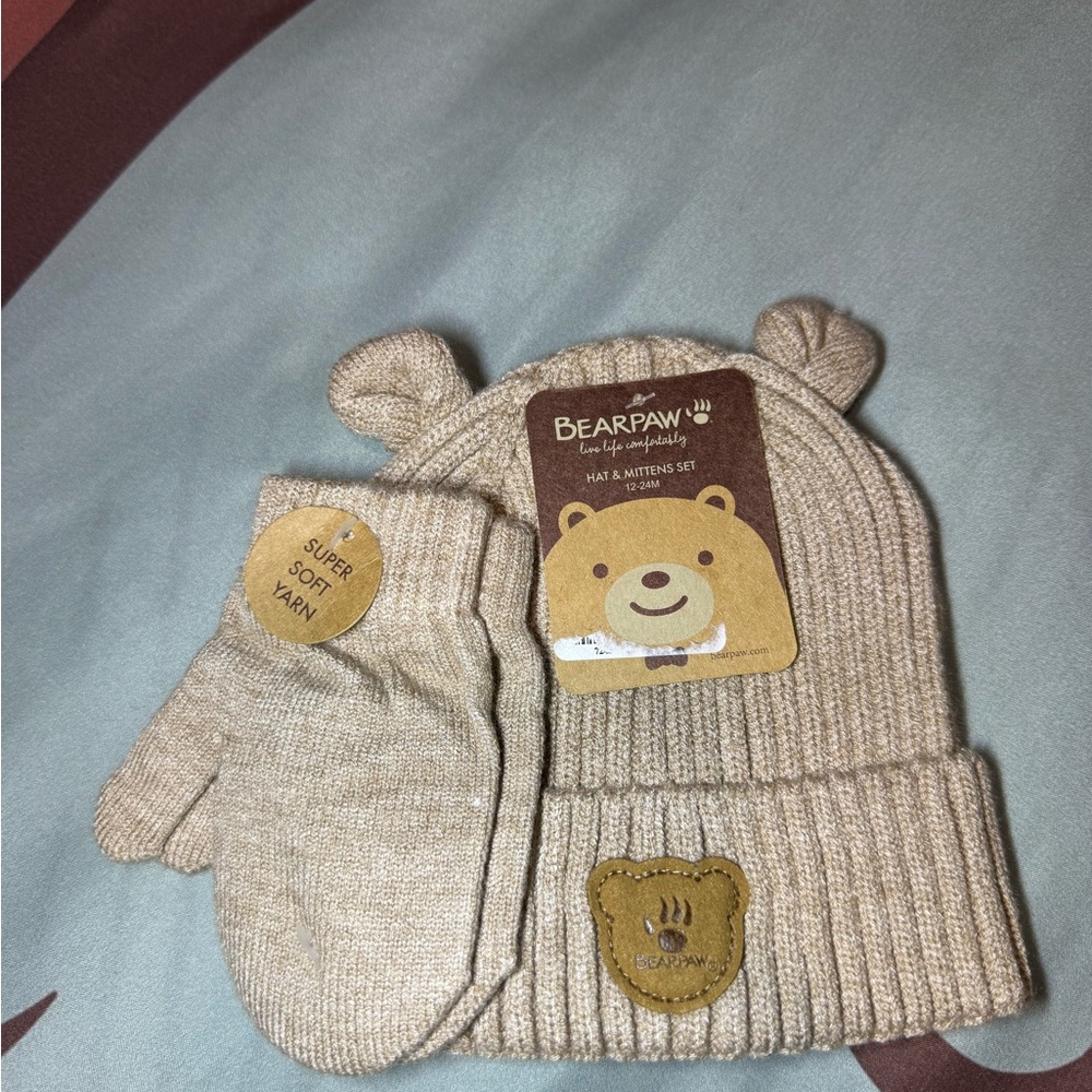 BearPaw Tan Knit Hat and Mittens Set for Kids